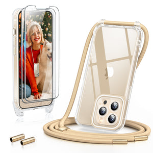 GOODVISH 3 in 1 Transparent Case with Lanyard for iPhone 13 Pro Max 6.7", with 2 pieces of Protective Film | 360° Protection- Camera and Screen